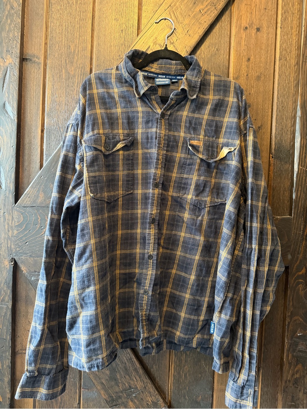 Indian Motorcycle Flannel Shirt 3XL Blue Yellow Plaid Western Workwear Button